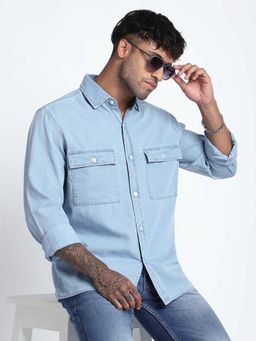 R&B - Men Blue Cotton Solid Shirt