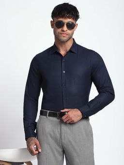 R&B - Men Navy Blue Cotton Blend Solid Shirt