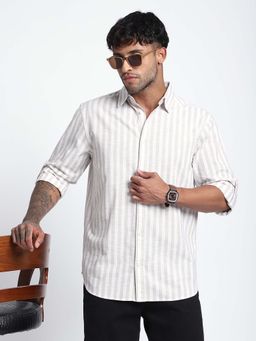R&B - Men Beige Cotton Stripes Shirt
