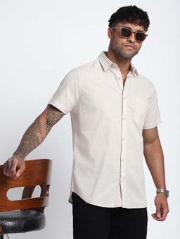 R&B - Men Beige Cotton Solid Shirt