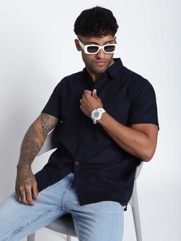 R&B - Men Navy Blue Cotton Solid Shirt
