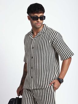 R&B - Men White Cotton Blend Stripes Shirt