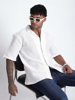 R&B - Men Ivory Cotton Blend Textured Shirt