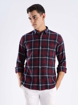 TURMS - Men Maroon Cotton Checks Shirt
