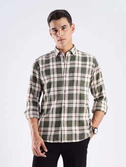 TURMS - Men Olive Cotton Checks Shirt