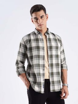 TURMS - Men Green Cotton Checks Shirt