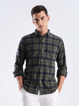 TURMS - Men Olive Cotton Checks Shirt