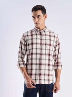 TURMS - Men Cream Cotton Checks Shirt