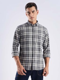 TURMS - Men Grey Cotton Checks Shirt