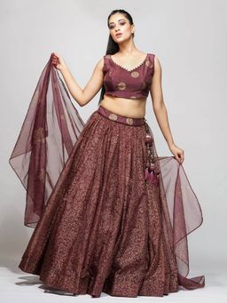Shruti S - Maroon Metallic Hand Painted Lehenga (Set of 3)