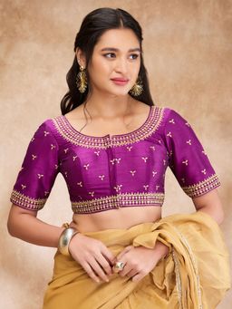 SALWAR STUDIO - Purple Silk Embroidered Round Neck Sleeve Sequin Blouse