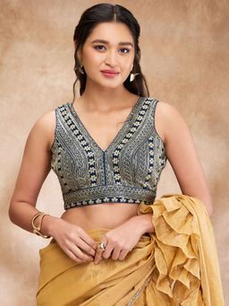 SALWAR STUDIO - Navy Blue Brocade Embroidered Sleeveless Zari Blouse with Additional Sleeves