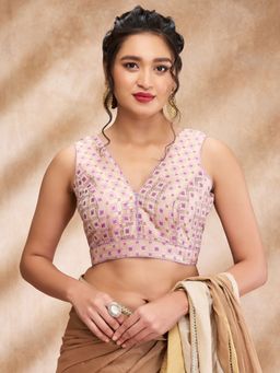 SALWAR STUDIO - Purple Brocade Woven Design V Neck Sleeveless Zari Blouse with Additional Sleeves