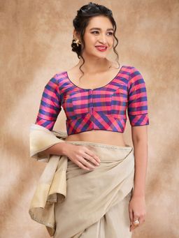 SALWAR STUDIO - Navy Blue Silk Woven Round Neck Checkered Blouse