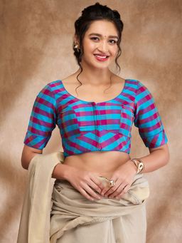 SALWAR STUDIO - Blue Silk Woven Round Neck Checkered Blouse