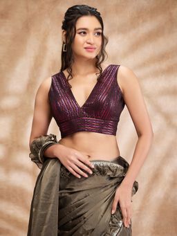 SALWAR STUDIO - Pink & Black V Neck Striped Zari Sleeveless Blouse with Additional Sleeves