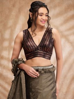 SALWAR STUDIO - Peach & Black V Neck Striped Zari Sleeveless Blouse with Additional Sleeves