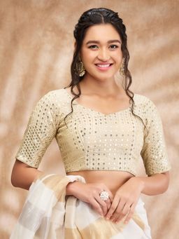 SALWAR STUDIO - Light Gold Sweetheart Neck Sequin Embellished Blouse