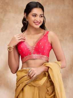 SALWAR STUDIO - Coral Mulberry Silk Embroidered V Neck Zari Sleeveless Blouse