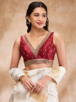 SALWAR STUDIO - Maroon Mulberry Silk Embroidered V Neck Zari Sleeveless Blouse