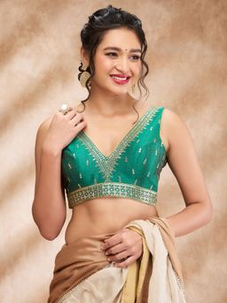 SALWAR STUDIO - Green Mulberry Silk Embroidered V Neck Zari Sleeveless Blouse