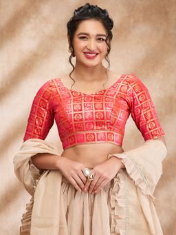SALWAR STUDIO - Tomato Pink Brocade Woven Design Sweetheart Neck Sleeve Zari Blouse