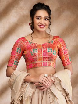 SALWAR STUDIO - Red Multi Brocade Woven Design Sweetheart Neck Sleeve Zari Blouse