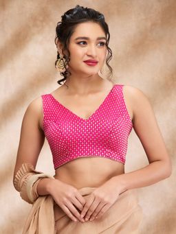 SALWAR STUDIO - Pink Brocade Woven Design V Neck Sleeveless Zari Blouse with Additional Sleeves