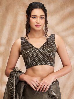 SALWAR STUDIO - Black Brocade Woven Design V Neck Sleeveless Zari Blouse with Additional Sleeves