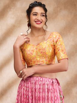 SALWAR STUDIO - Yellow Brocade Woven Sweetheart Neck Sleeve Thread Blouse