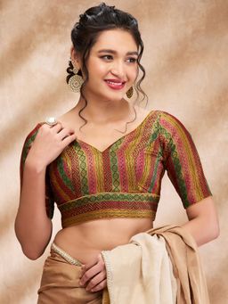 SALWAR STUDIO - Multi Brocade Woven Sweetheart Neck Sleeve Zari Blouse