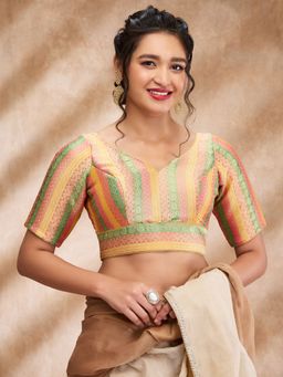 SALWAR STUDIO - Gold Brocade Woven Sweetheart Neck Sleeve Zari Blouse