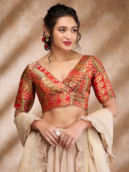 SALWAR STUDIO - Red Brocade Woven V Neck Sleeve Zari Blouse