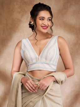 SALWAR STUDIO - Multi Silk Embroidered Plunge Neck Sleeveless Thread Blouse