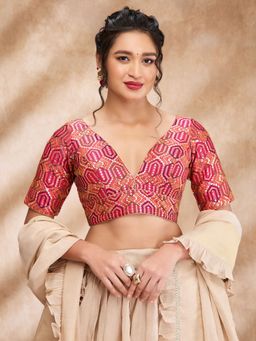 SALWAR STUDIO - Pink Mulberry Embroidered Plunge Neck Sleeve Sequin Blouse