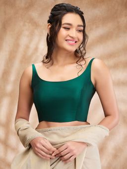 SALWAR STUDIO - Green Taffeta Solid Round Neck Sleeveless Blouse