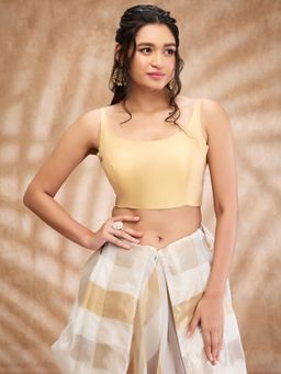 SALWAR STUDIO - Light Gold Taffeta Solid Round Neck Sleeveless Blouse