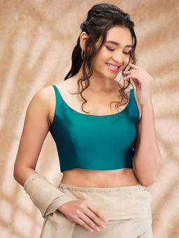 SALWAR STUDIO - Teal Taffeta Solid Round Neck Sleeveless Blouse
