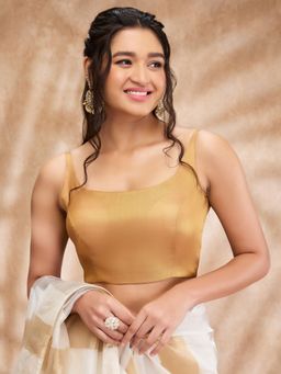 SALWAR STUDIO - Dark Gold Tissue Shimmer Round Neck Sleeveless Blouse