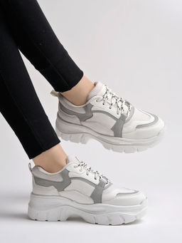 Shoetopia - Lace-up Detail Grey Chunky Sneakers For Women & Girls
