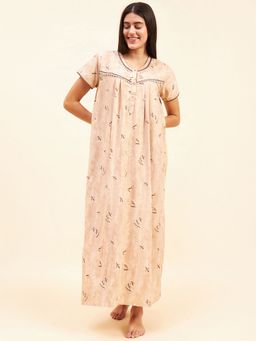 Sweet Dreams - Women Beige Printed Night Dress
