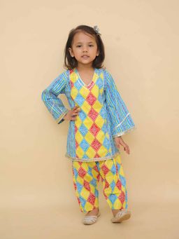 LITTLE GINNIE - Girls Blue Yellow Bandhani Co-Ord