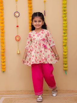 LITTLE GINNIE - Girls Pink Floral Angrakha Kurta with Pink Pants