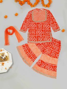 LITTLE GINNIE - Girls Bandhani Leheriya Red Kurta with Sharara and Dupatta (Set of 3)