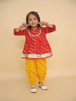 LITTLE GINNIE - Girls Red and Yellow Leheriya Kurta and Salwar