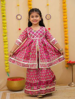 LITTLE GINNIE - Girls Pink Floral Kurta with Sharara and Dupatta (Set of 3)