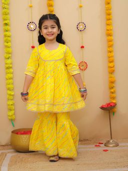 LITTLE GINNIE - Girls Yellow Leheriya Kurta with Sharara