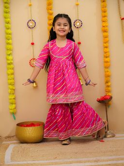 LITTLE GINNIE - Girls Pink Leheriya Kurta with Sharara