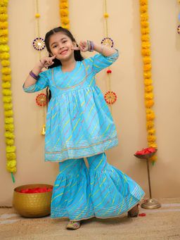 LITTLE GINNIE - Girls Blue Leheriya Kurta with Sharara