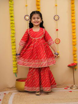 LITTLE GINNIE - Girls Red Leheriya Kurta with Sharara